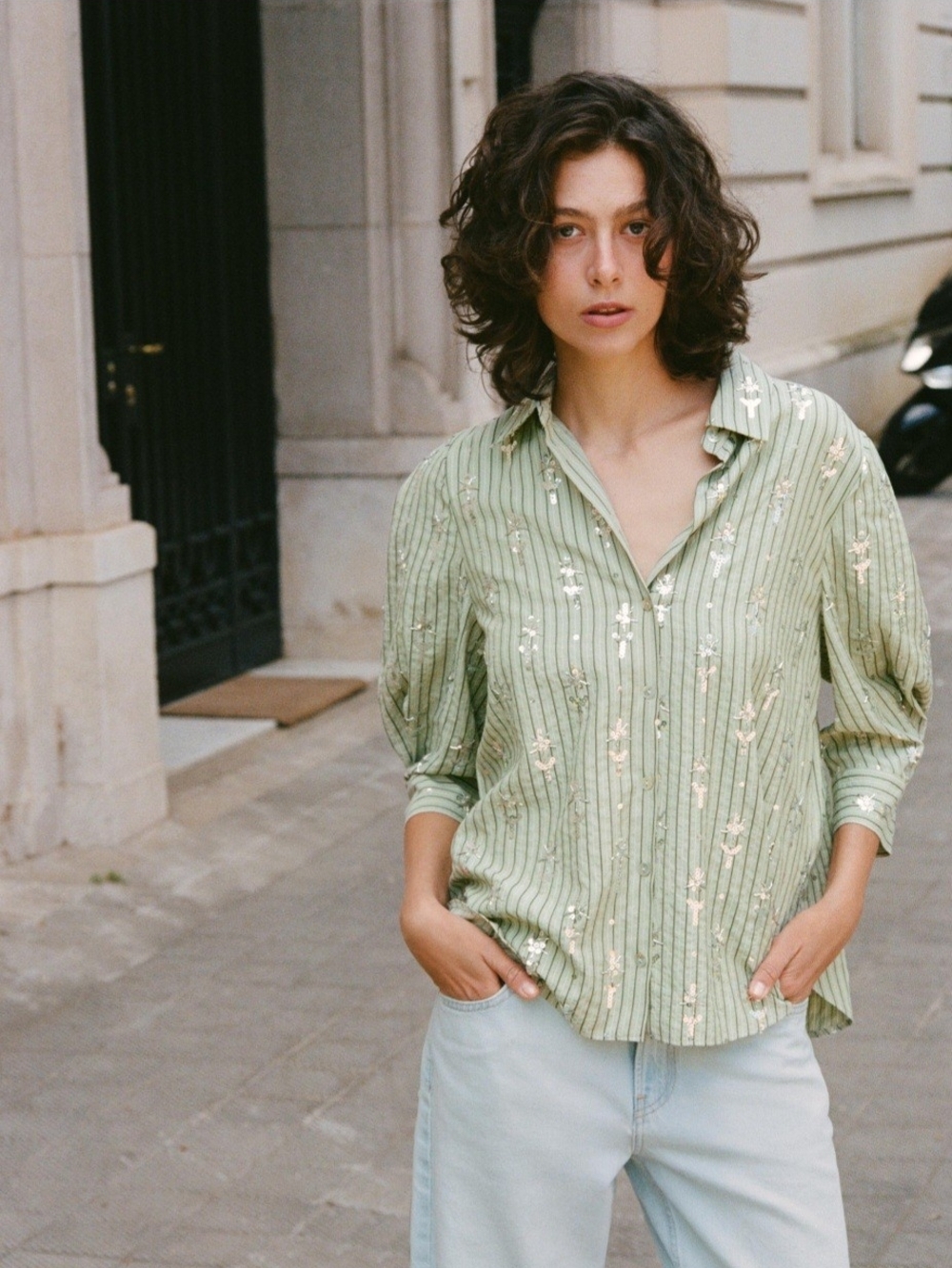 Zara Striped Sequin Shirt In Mid-Green
